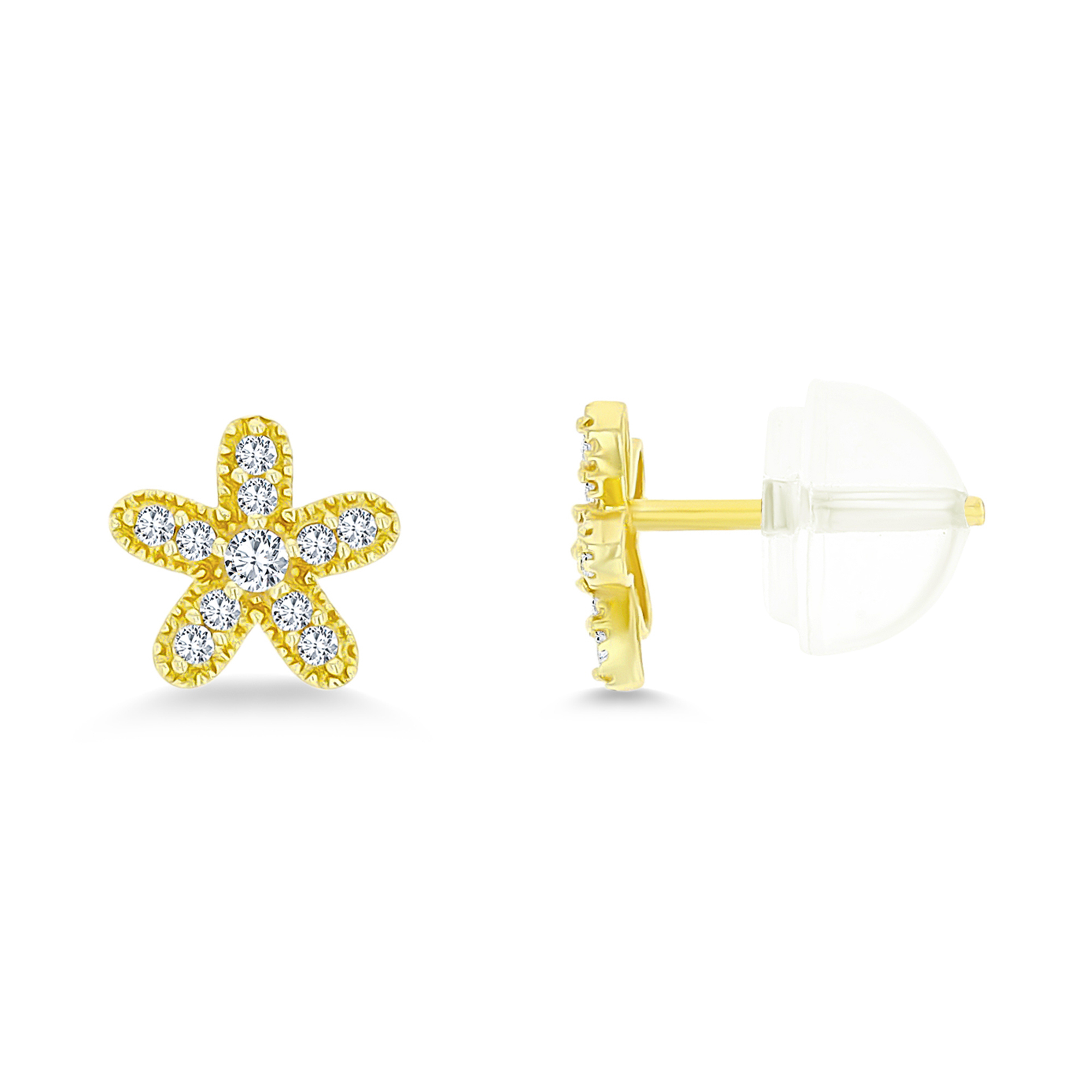 14K Yellow Gold Micropave CZ Daisy Stud & 14K Silicone Back