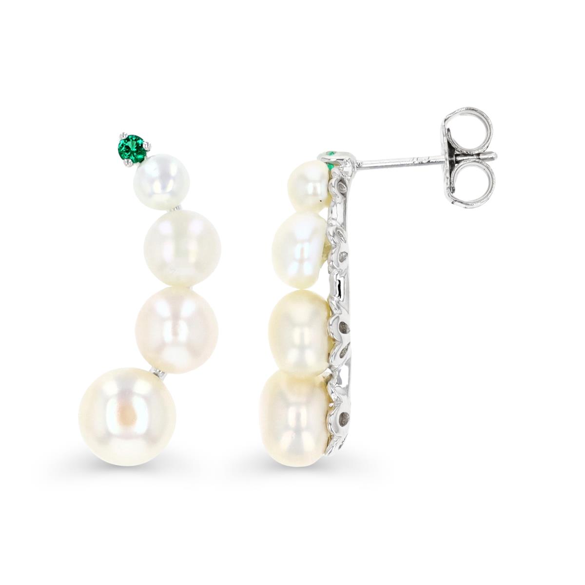 Sterling Silver Rhodium Graduated FW Pearls & Green CZ Dangling Earring