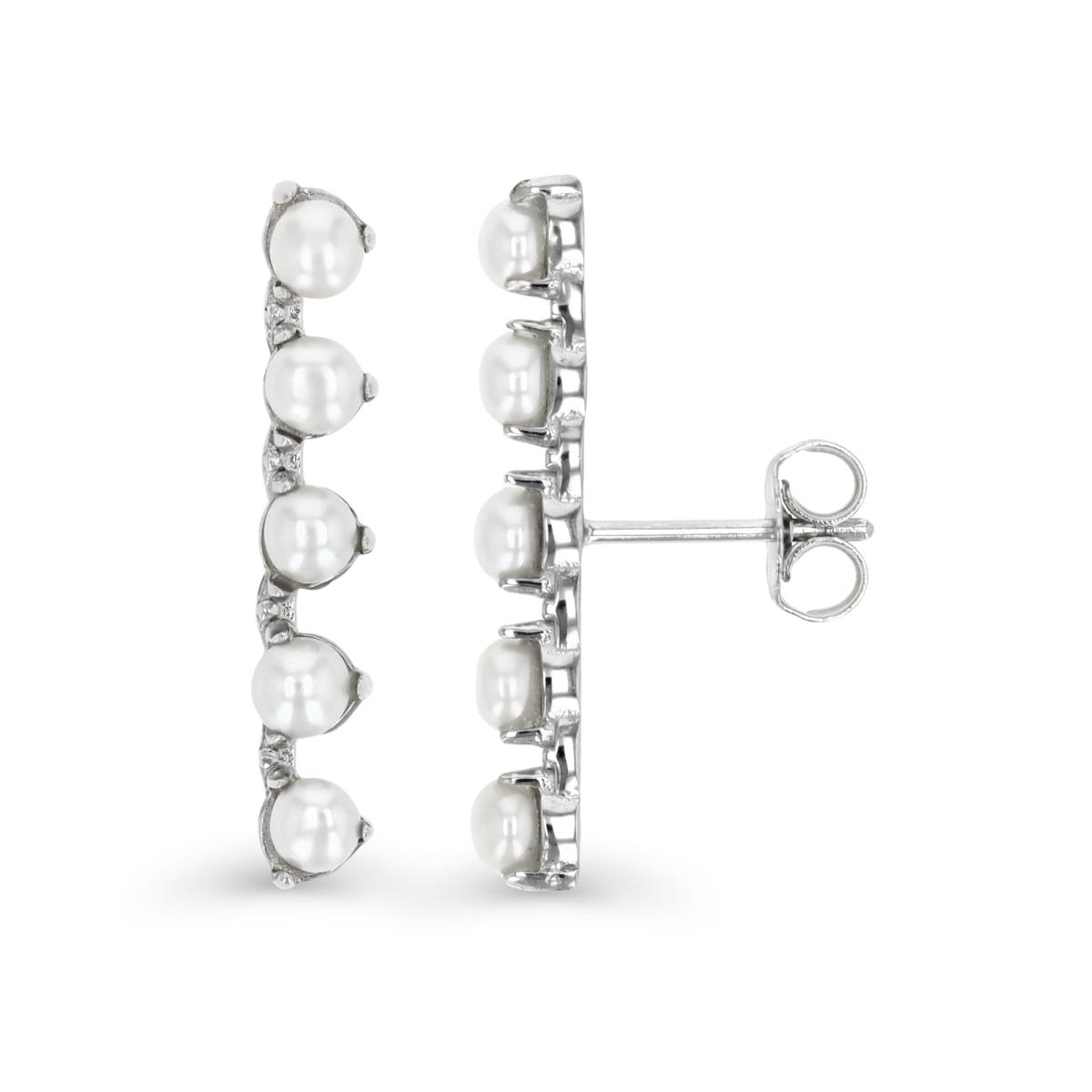 Sterling Silver Rhodium  3-4MM FW Pearl White  5 Stone Stud Earring