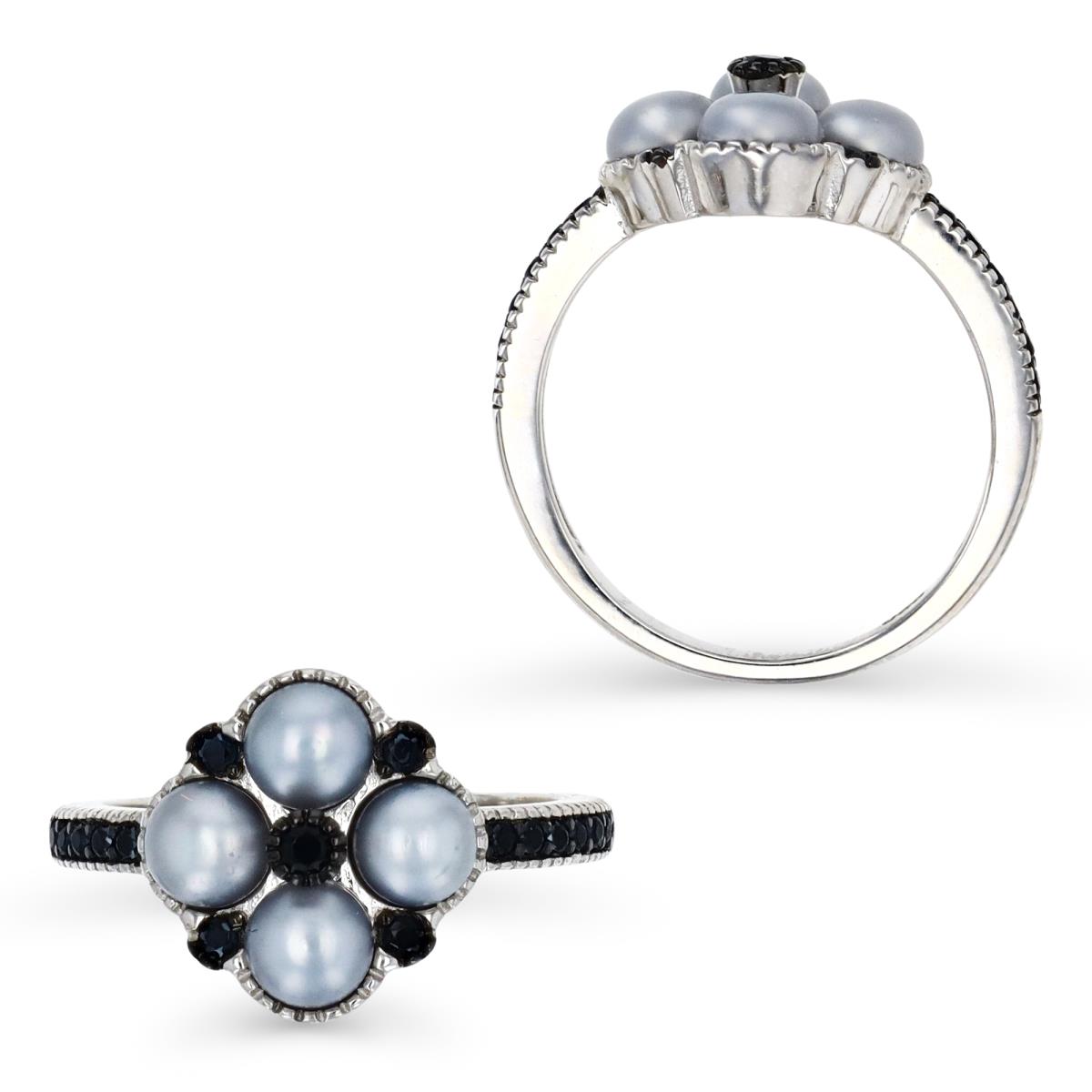 Sterling Silver Rhodium 4-5MM Grey FW Pearl & Black Spinel Flower Fashion Ring