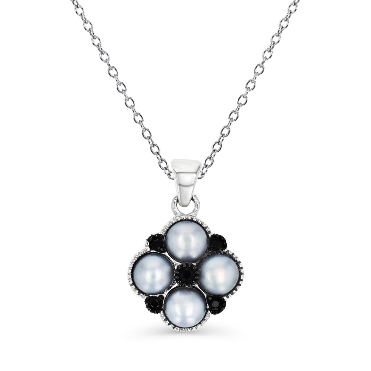 Sterling Silver Rhodium 4-5MM Grey FWPearl & Black Spinel Flower  18" Necklace
