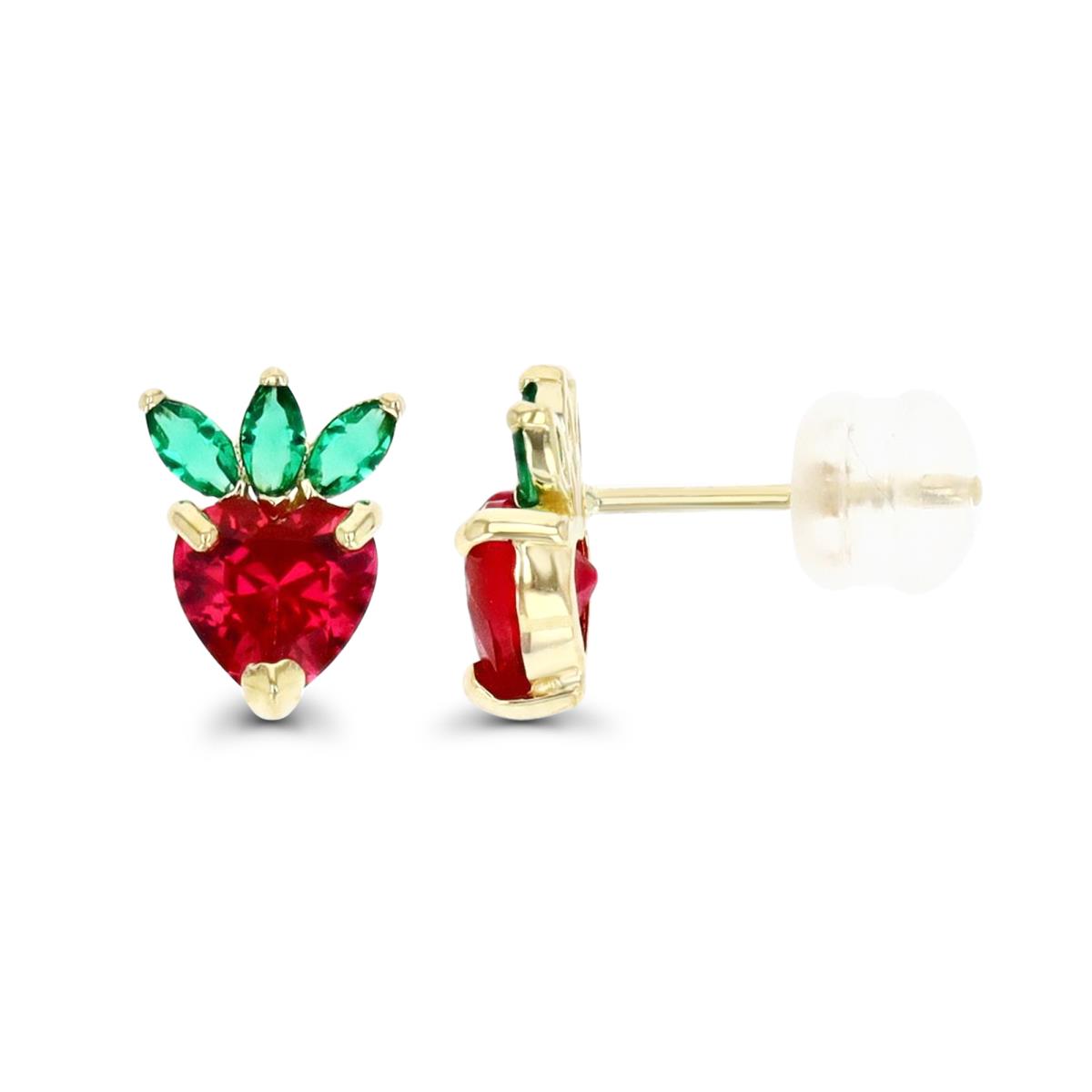 14K Yellow Gold 8.7X6.6MM Strawberry Ruby & Green CZ Stud Earring with Silicone Back