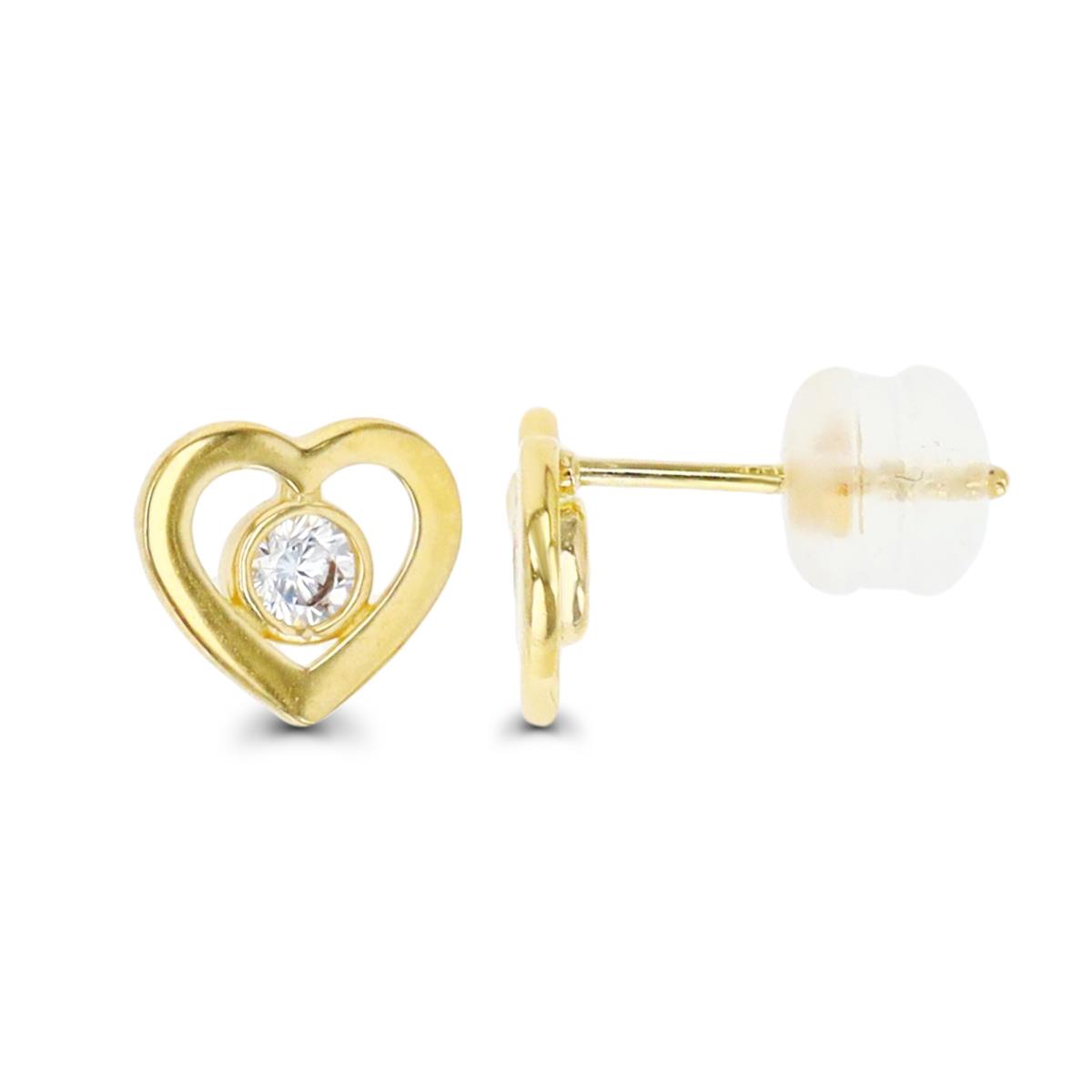 14K Yellow Gold 7.4x7MM Heart Polished White CZ Stud Earring with Silicone Back