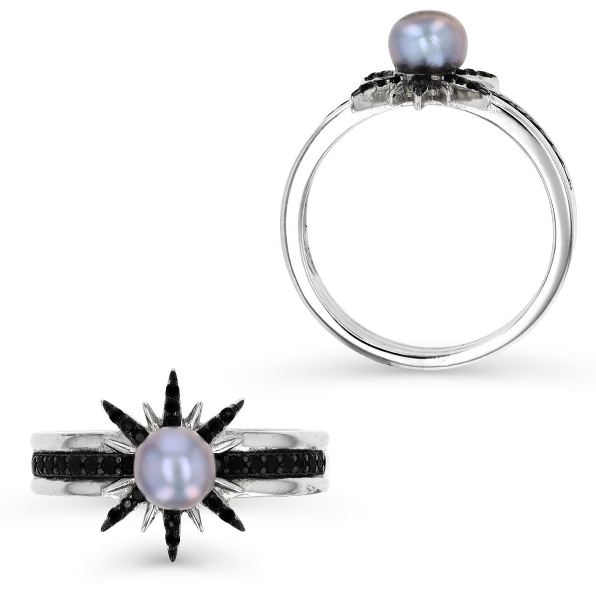 Sterling Silver Rhodium 5-6MM Grey FW Pearl & Black Spinel Fashion Ring