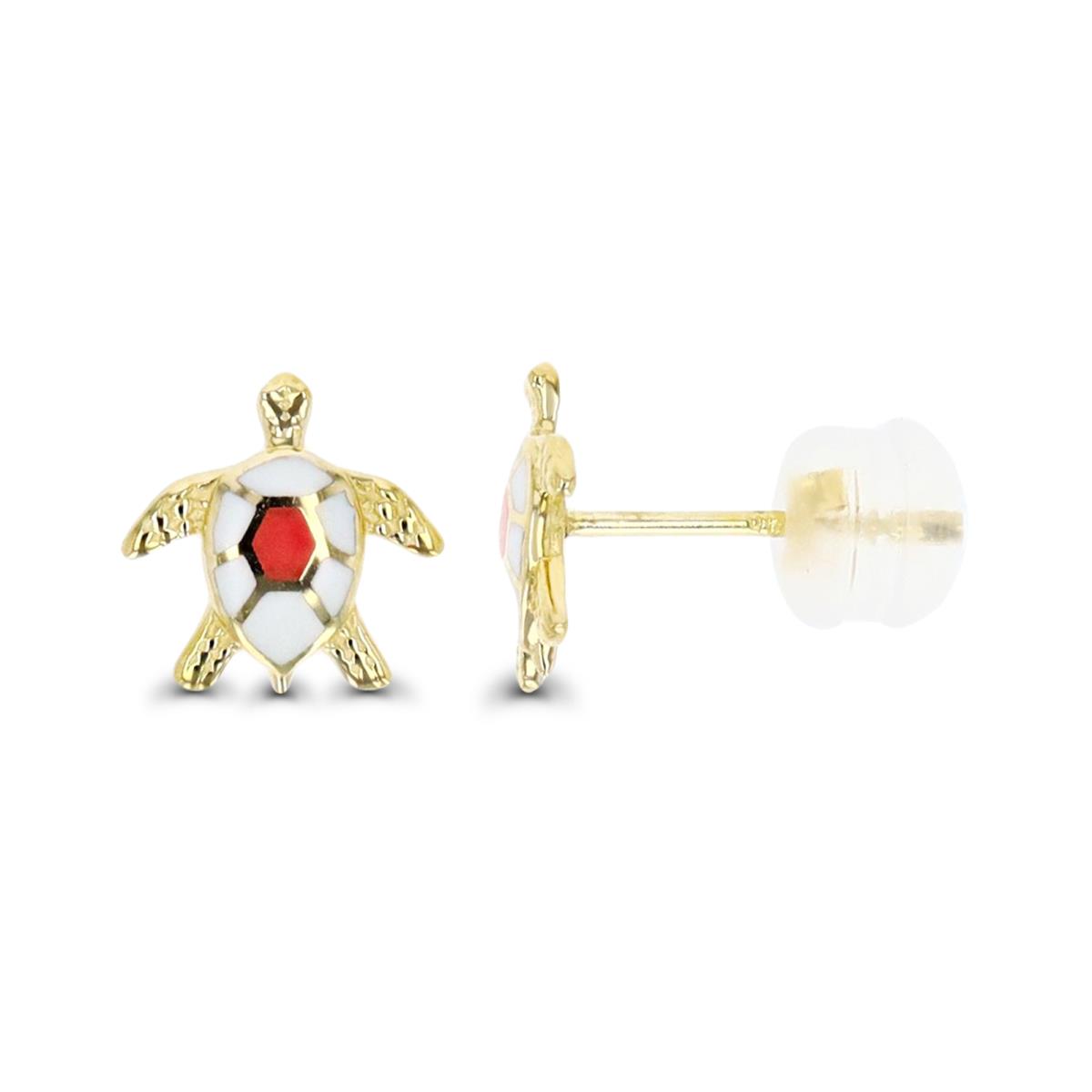 14K Yellow Gold & Pink and White Enamel Turtle Stud Earring