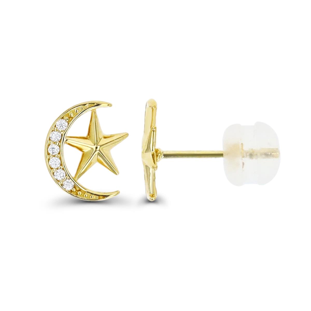 14K Yellow Gold 8X6MM Moon & Star White CZ Stud Earring with Silicone Back