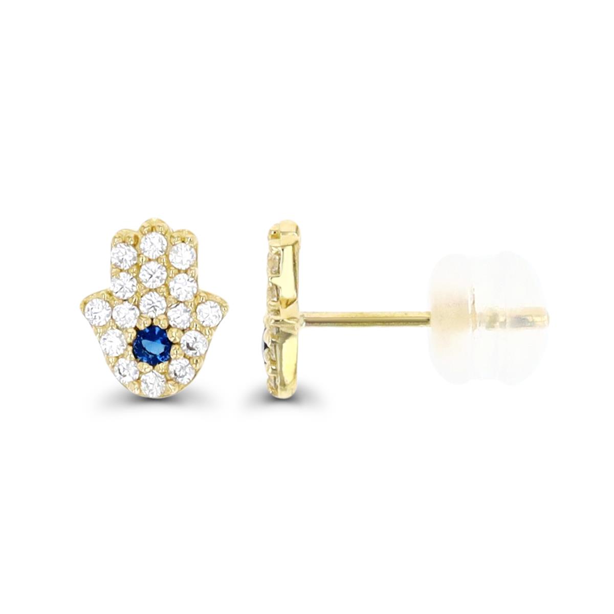 14K Yellow Gold 6.7X5.7MM White CZ Stud Hamsa White & Blue CZ Earring with Silicone Back