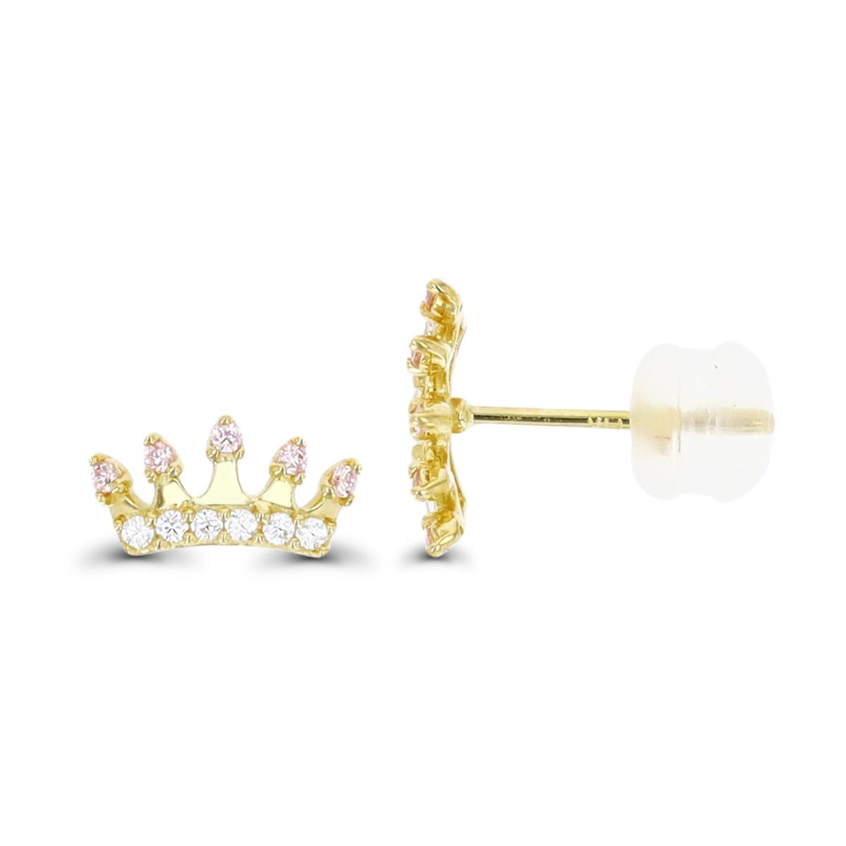 14K Yellow Gold 8.5X4MM Crown White & Pink CZ  Stud Earring with Silicone Back