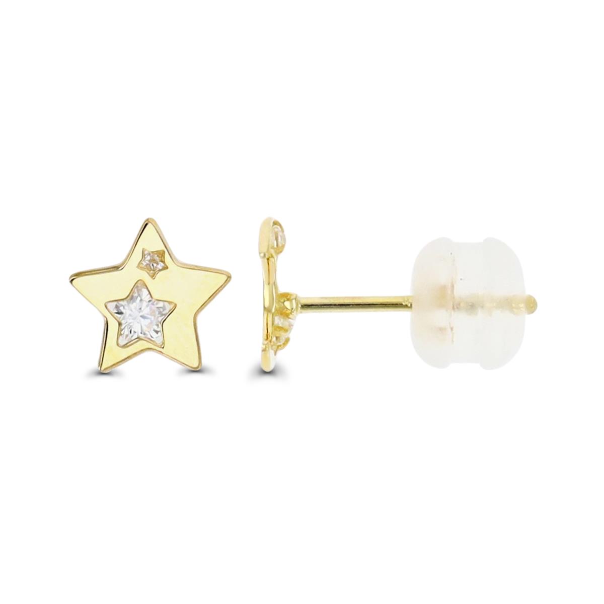 14K Yellow Gold 6.8MM Star & Moon Polished White CZ  Stud Earring with Silicone Back