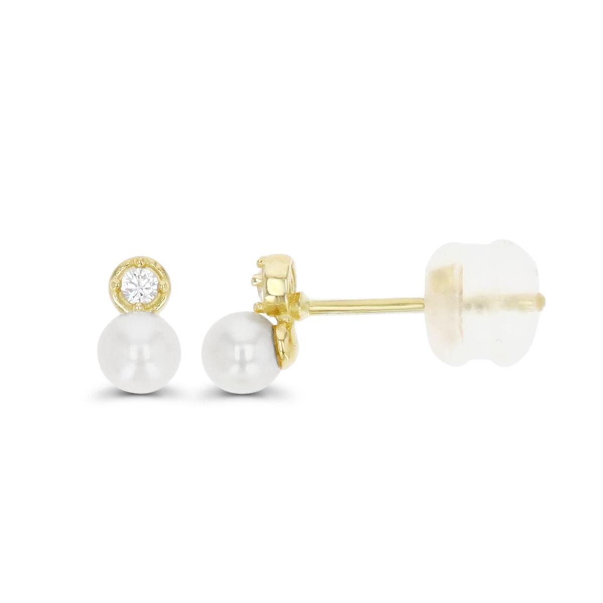 14K Yellow Gold 6X3.4MM Round White Fresh Water Pearl Stud Earring with Silicone Back