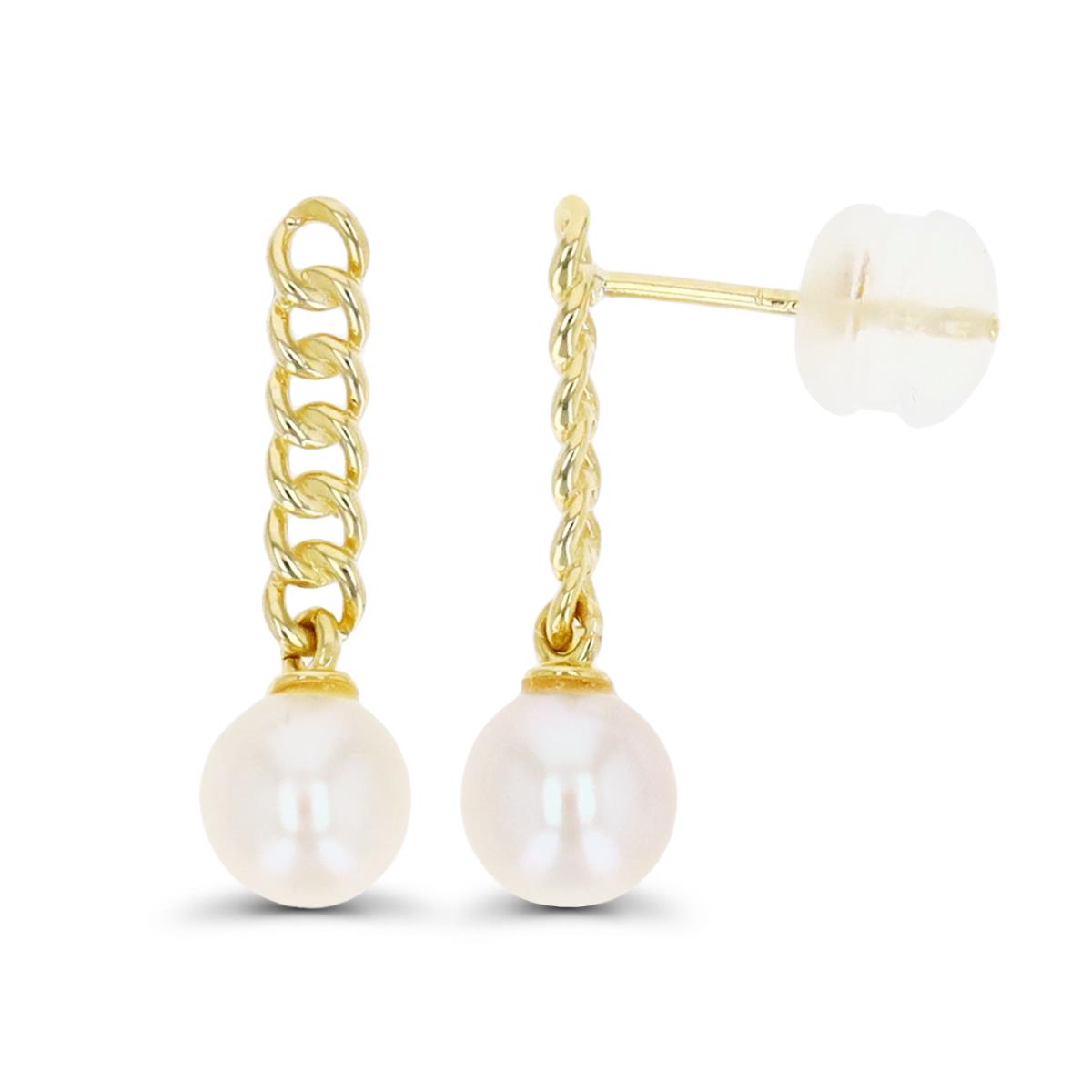 14K Yellow Gold  16X5MM Chain Dangling Fresh Water Pearl Stud Earring with Silicone Back 
