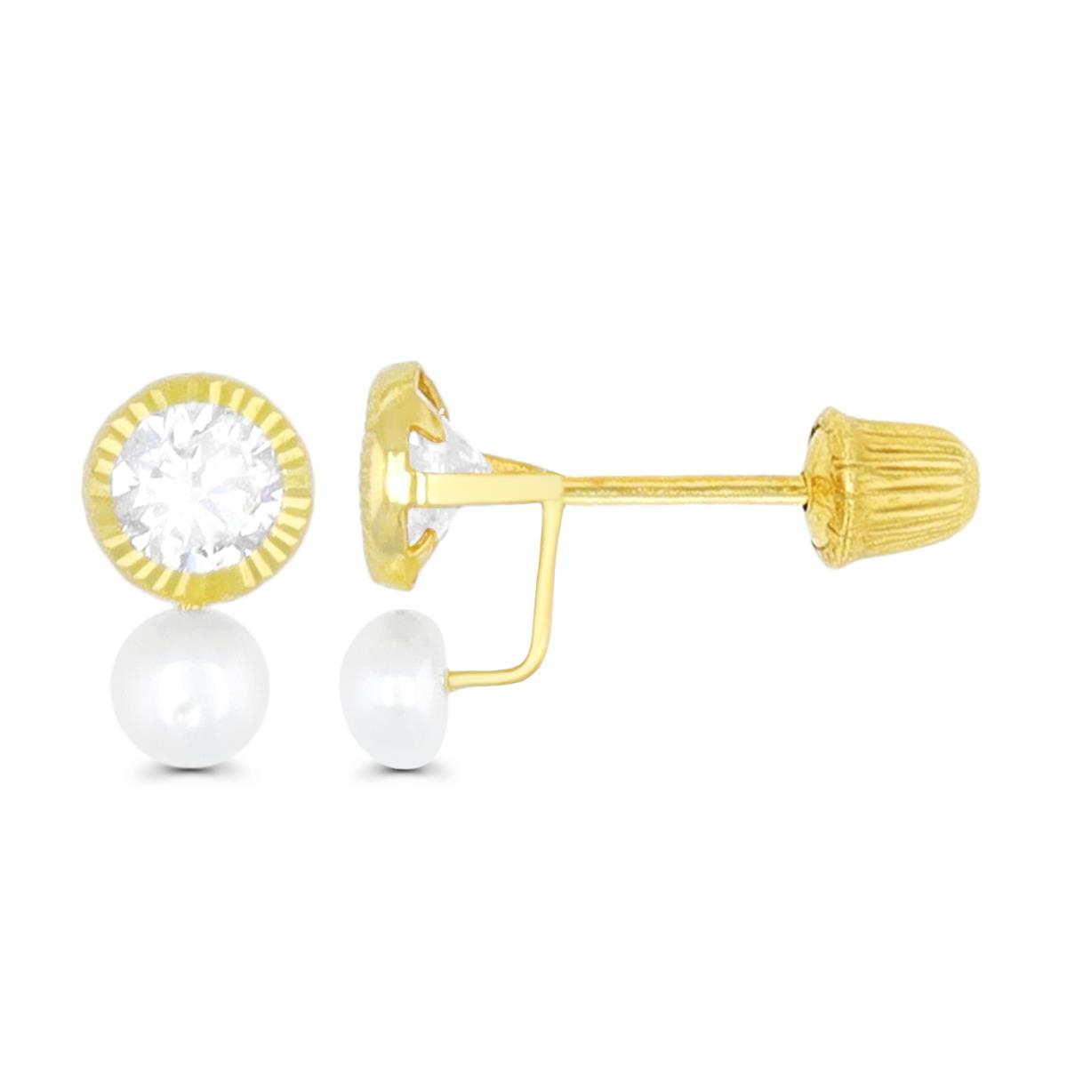 10K Yellow Gold DC Round Bezel and Freshwater Pearl Hat Screw Back Double Stud Earring