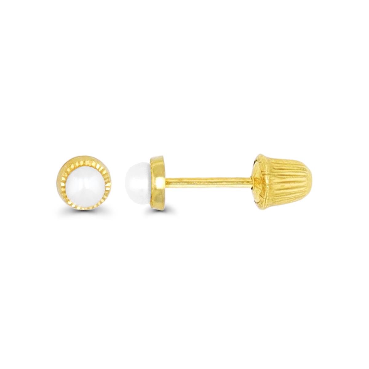 10K Yellow Gold Diamond Cut Bezel Freshwater Pearl  Hat Screw Back Stud Earring