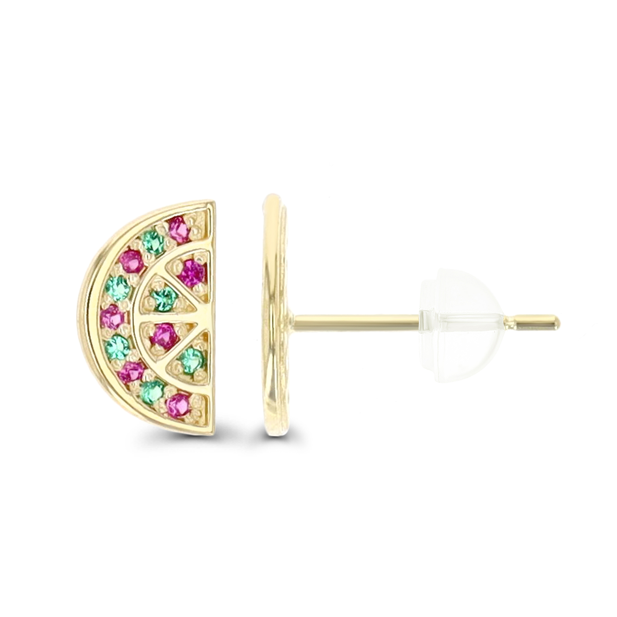 10K Yellow Gold 8.5X5MM Green & Ruby CZ Pizza Stud Earring with Silicone Back