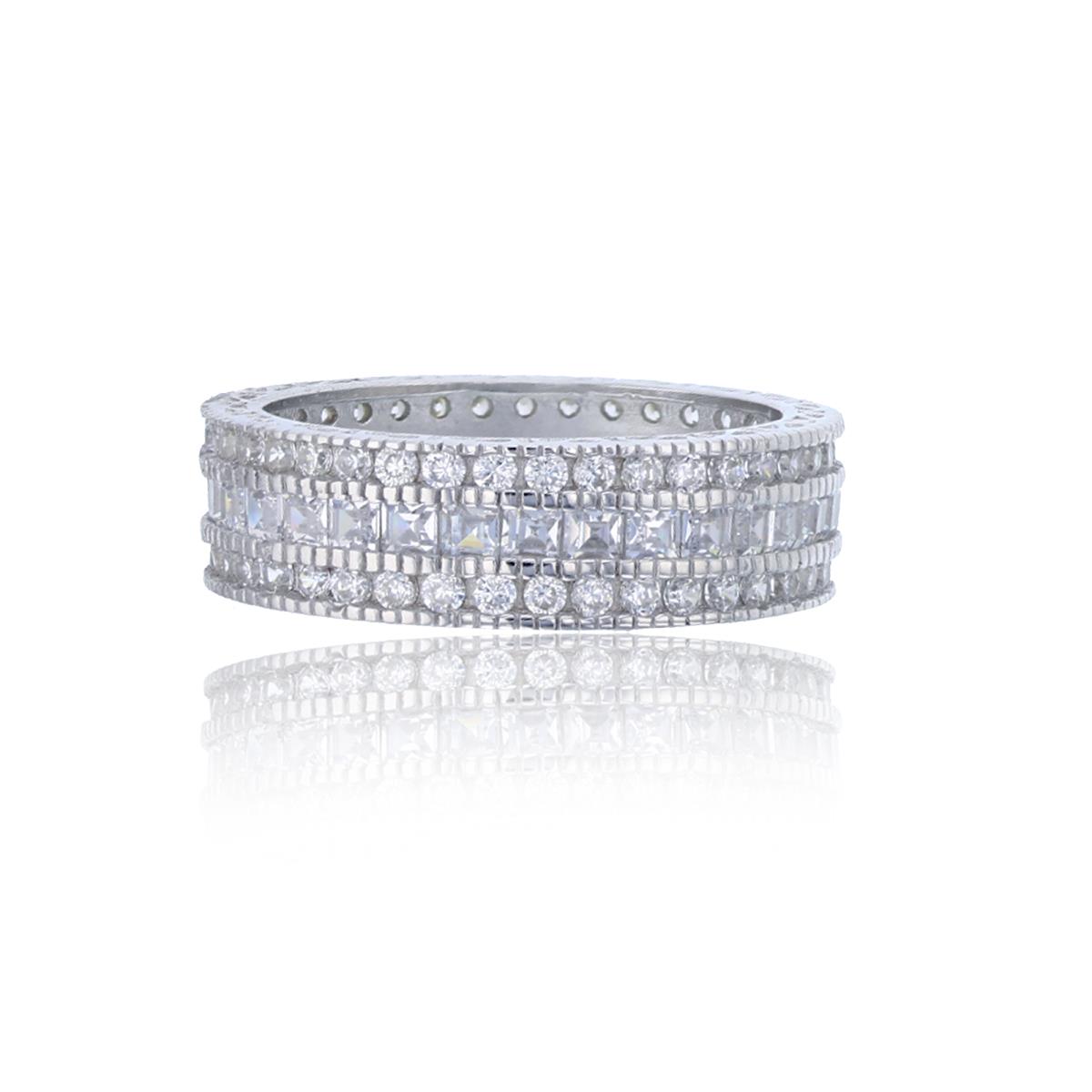 Sterling Silver Rhodium Micropave Princess Cut Channel Milgrain 6.5mm Eternity Ring