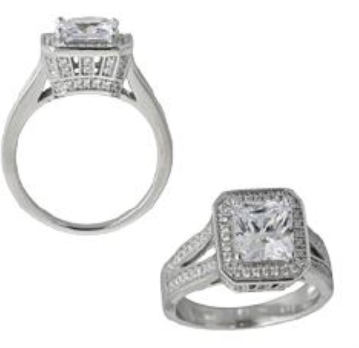 Sterling Silver Rhodium 7mm Princess Cut Split Shank Engagement Ring