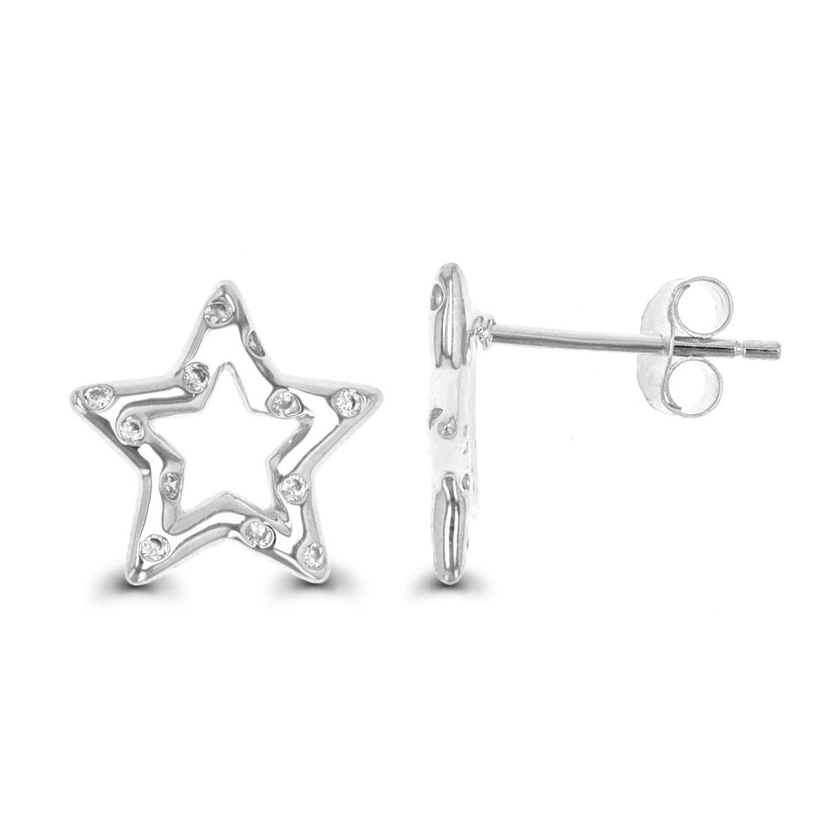 Sterling Silver Rhodium 12.8MM Polished White CZ Star  Stud Earring