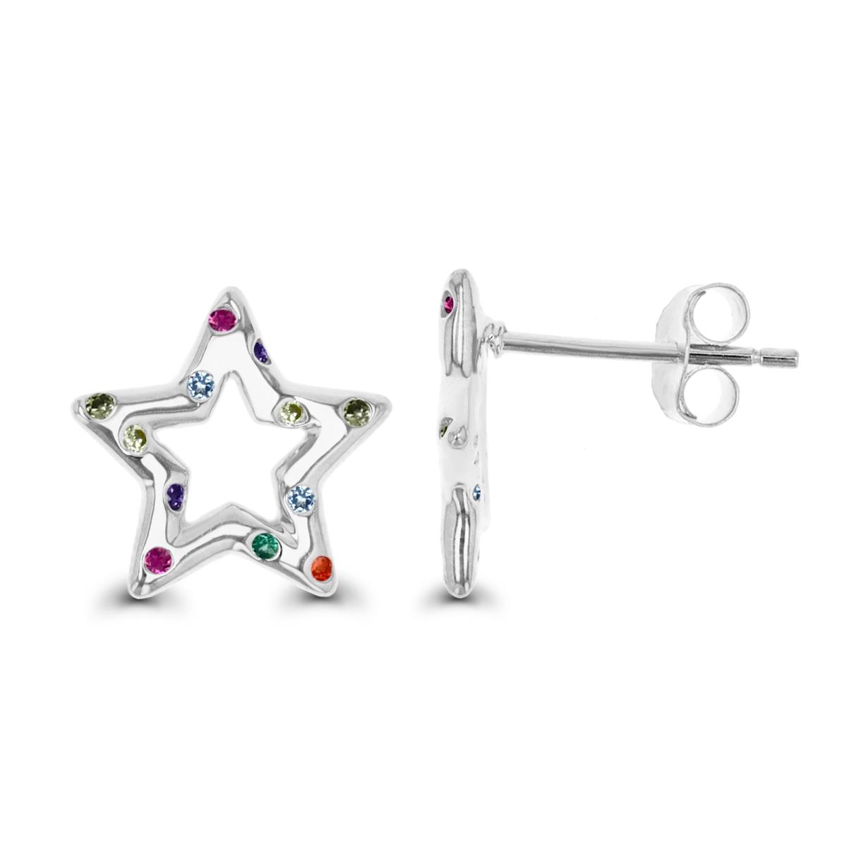 Sterling Silver Rhodium 12.8MM Polished Multicolor Star Stud Earring