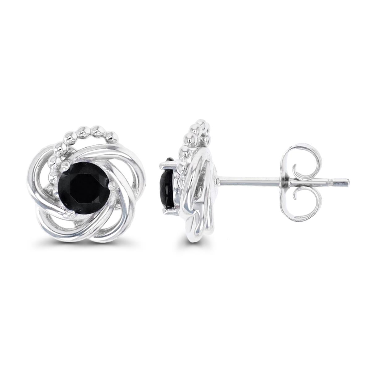 Sterling Silver Rhodium 10.6MM Polished FLower Solitaire Black Spinel Stud Earring
