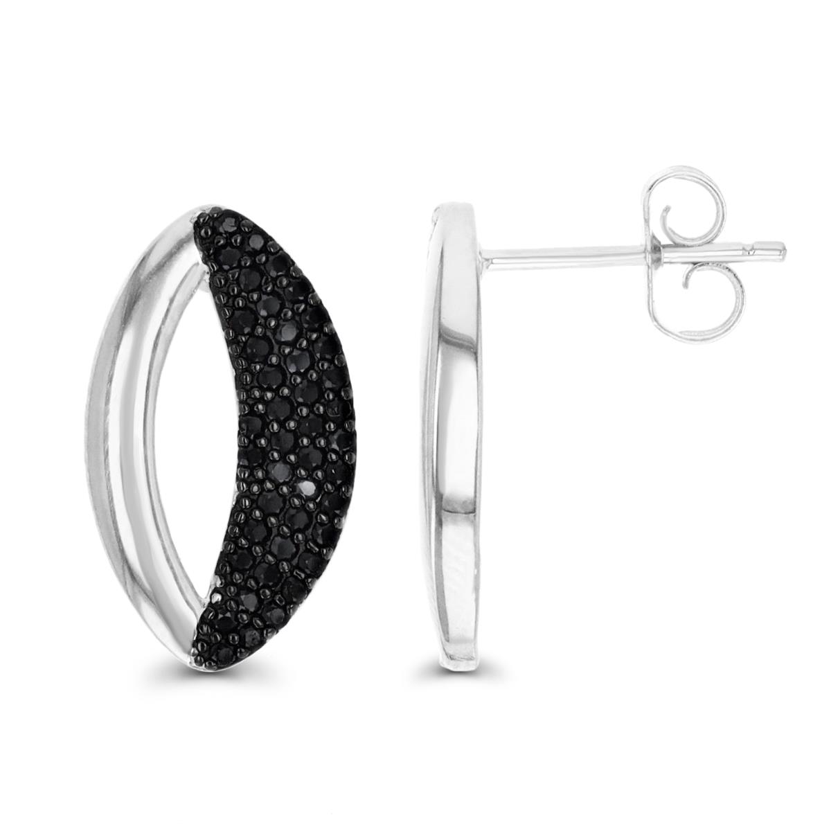 Sterling Silver Rhodium 17.5X10.5MM Polished Black Spinel Pave Stud Earring