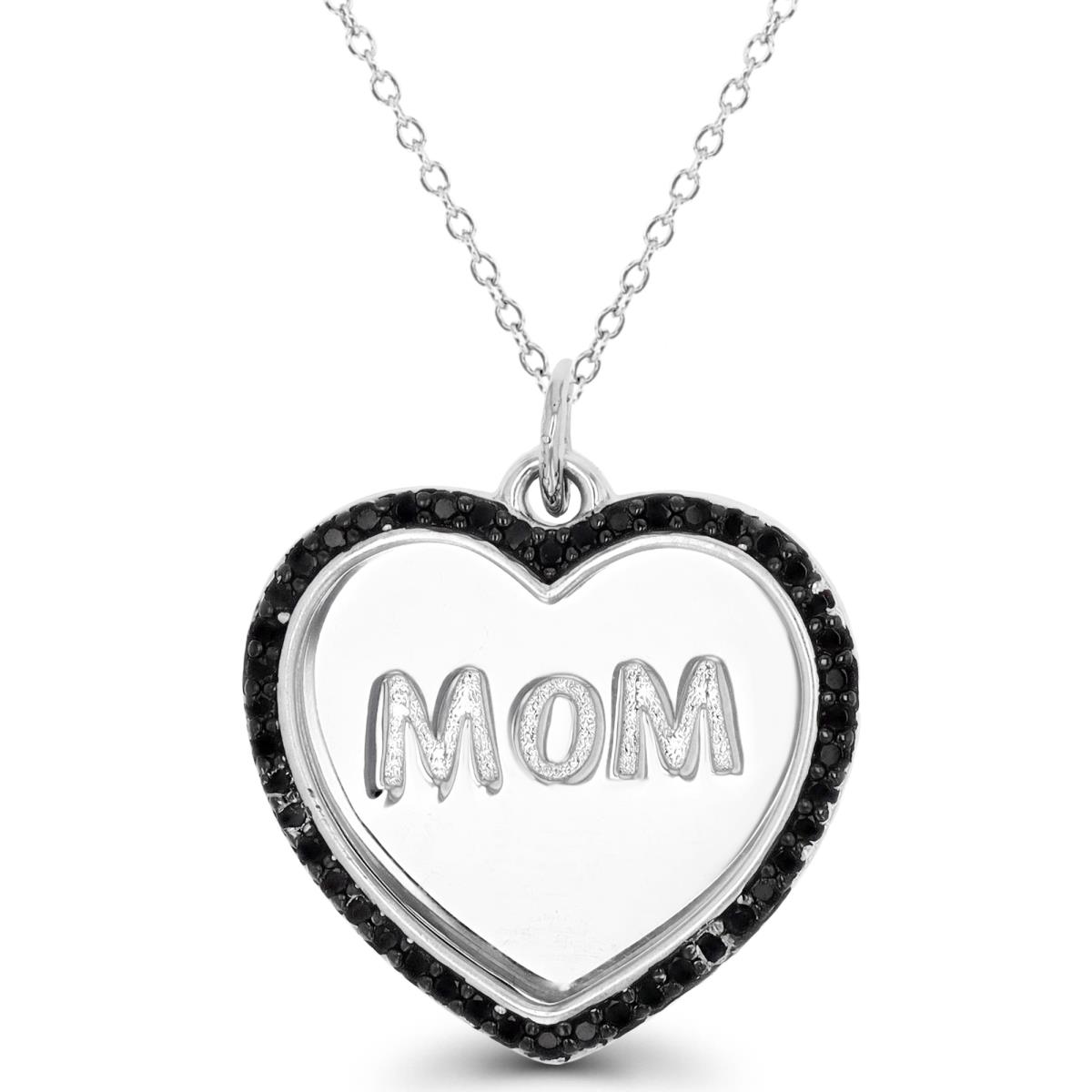 Sterling Silver Rhodium "MOM" Black Spinel Heart 18" Necklace