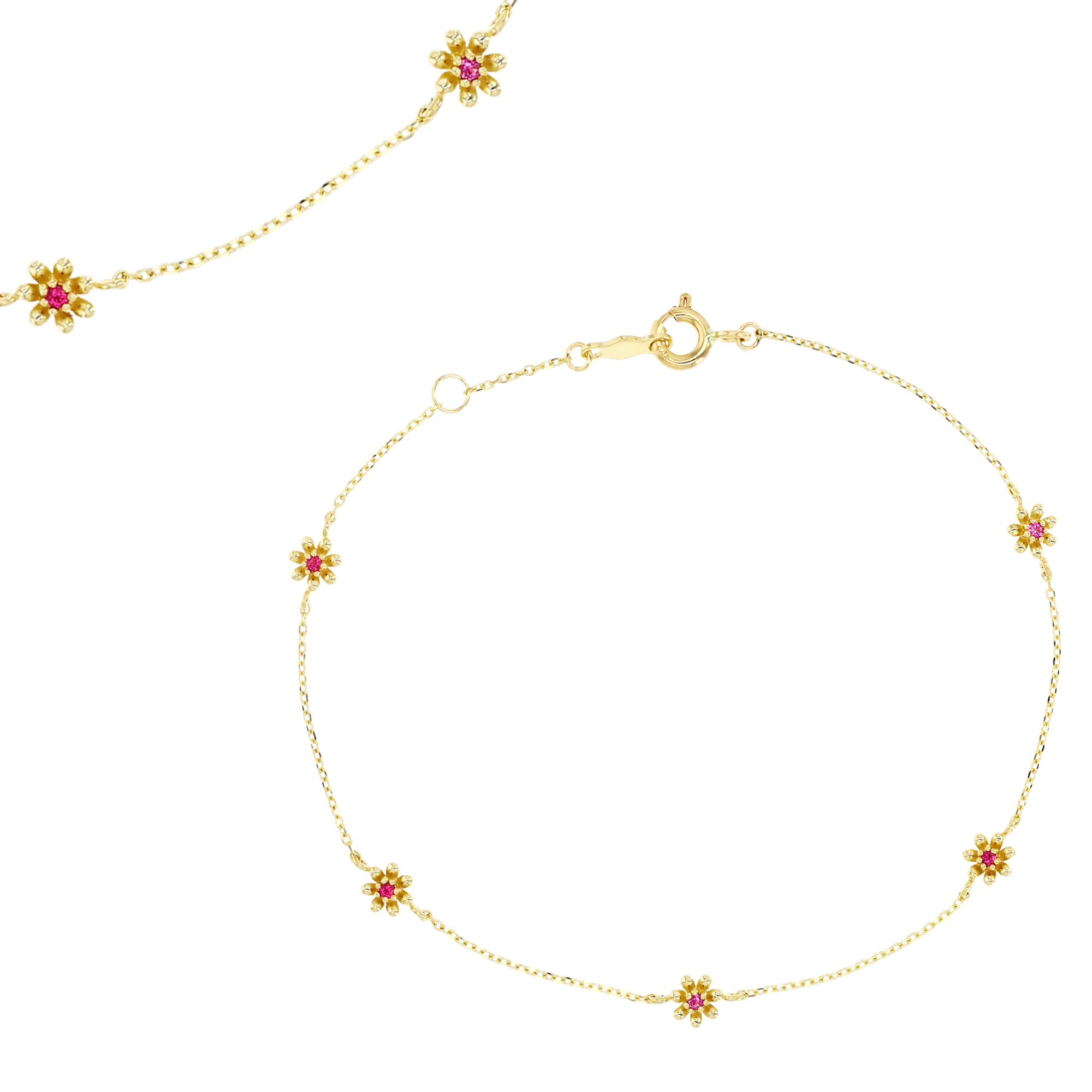 14K Yellow Gold Ruby CZ Flower 7" Bracelet