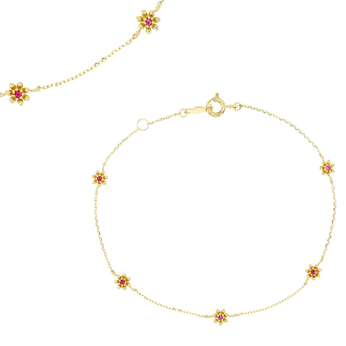10K Yellow Gold Ruby CZ Flower 7" Bracelet