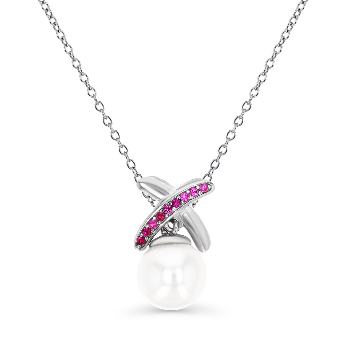 Sterling Silver Rhodium FW Pearl White  & Ruby 'X' 18 Necklace