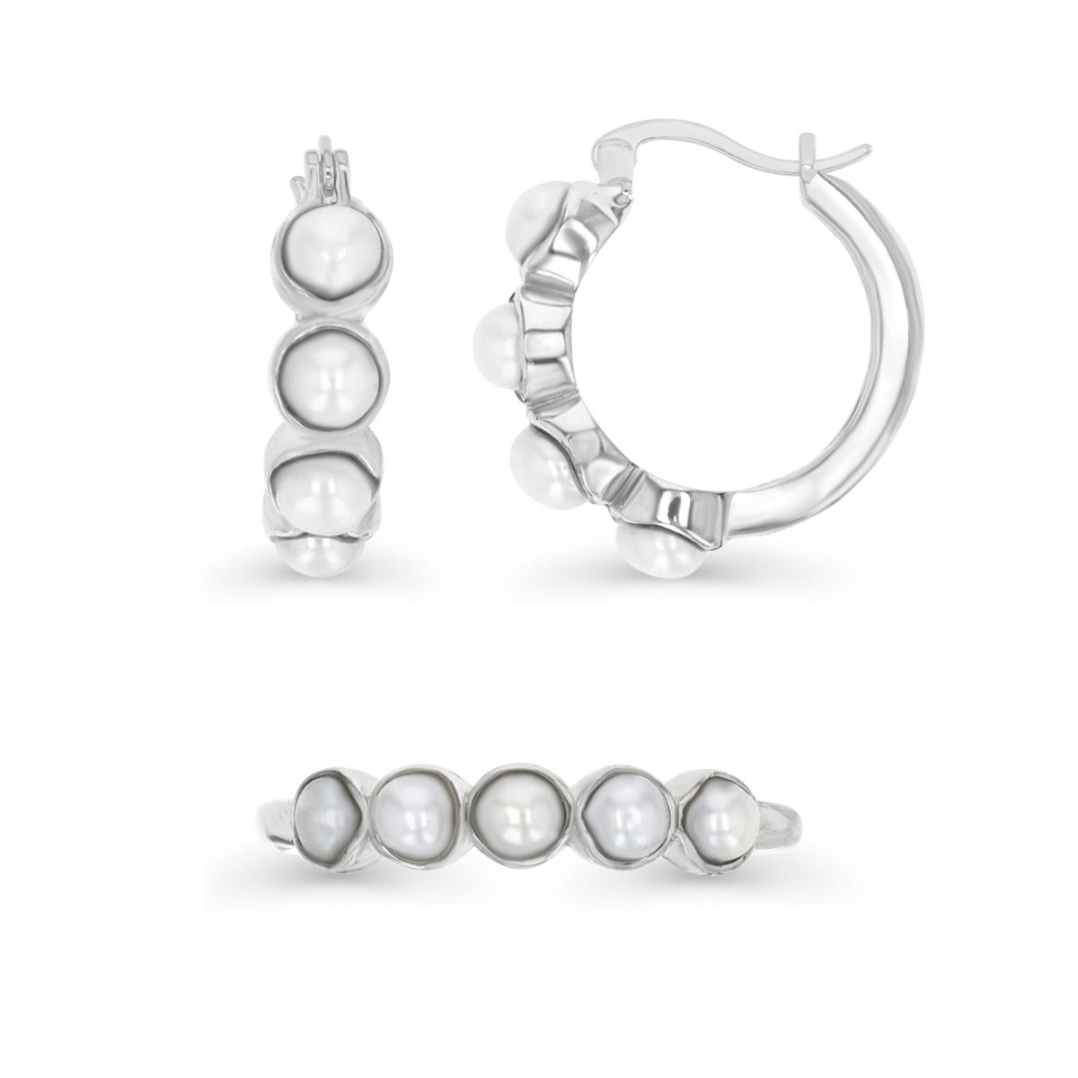 Sterling Silver Rhodium 4;13X4MM FW Pearl Bezel Ring & Earring Set Set