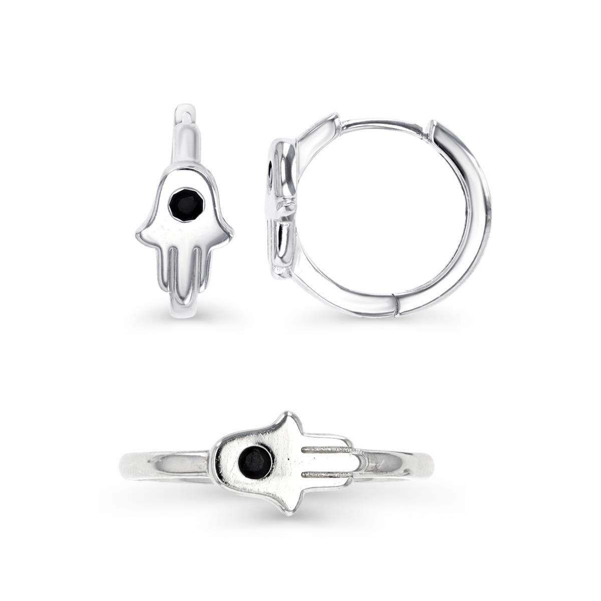 Sterling Silver Rhodium Hamsa Black Spinel 10X6MM Ring  & Earring Set  