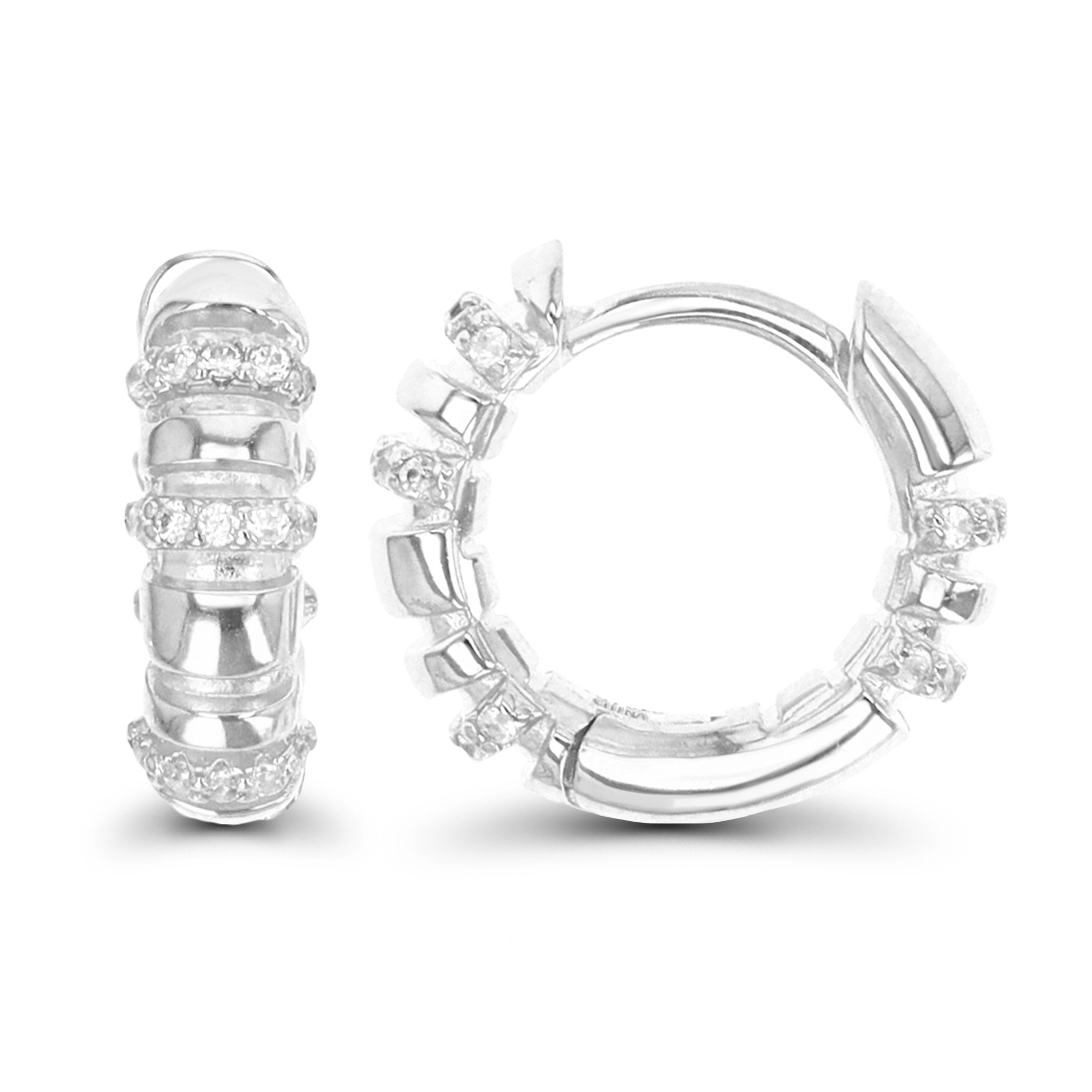 Sterling Silver Rhodium 15MM Polished White CZ Pave Huggie Earring
