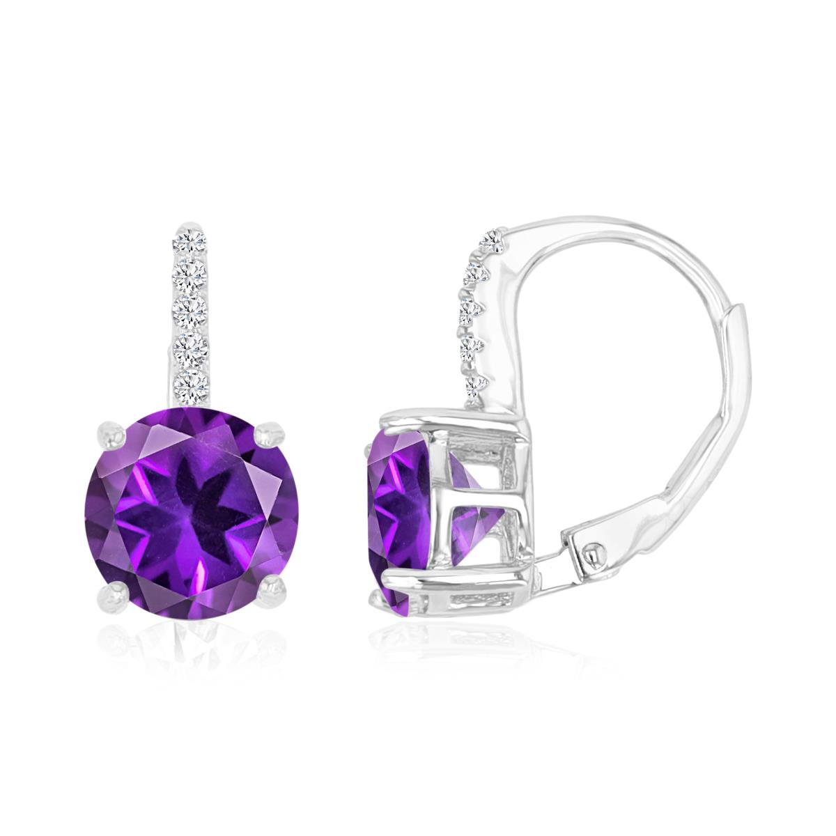 Sterling Silver Rhodium 8mm Rd Amethyst & Created White Sapphire LeverBack Earring