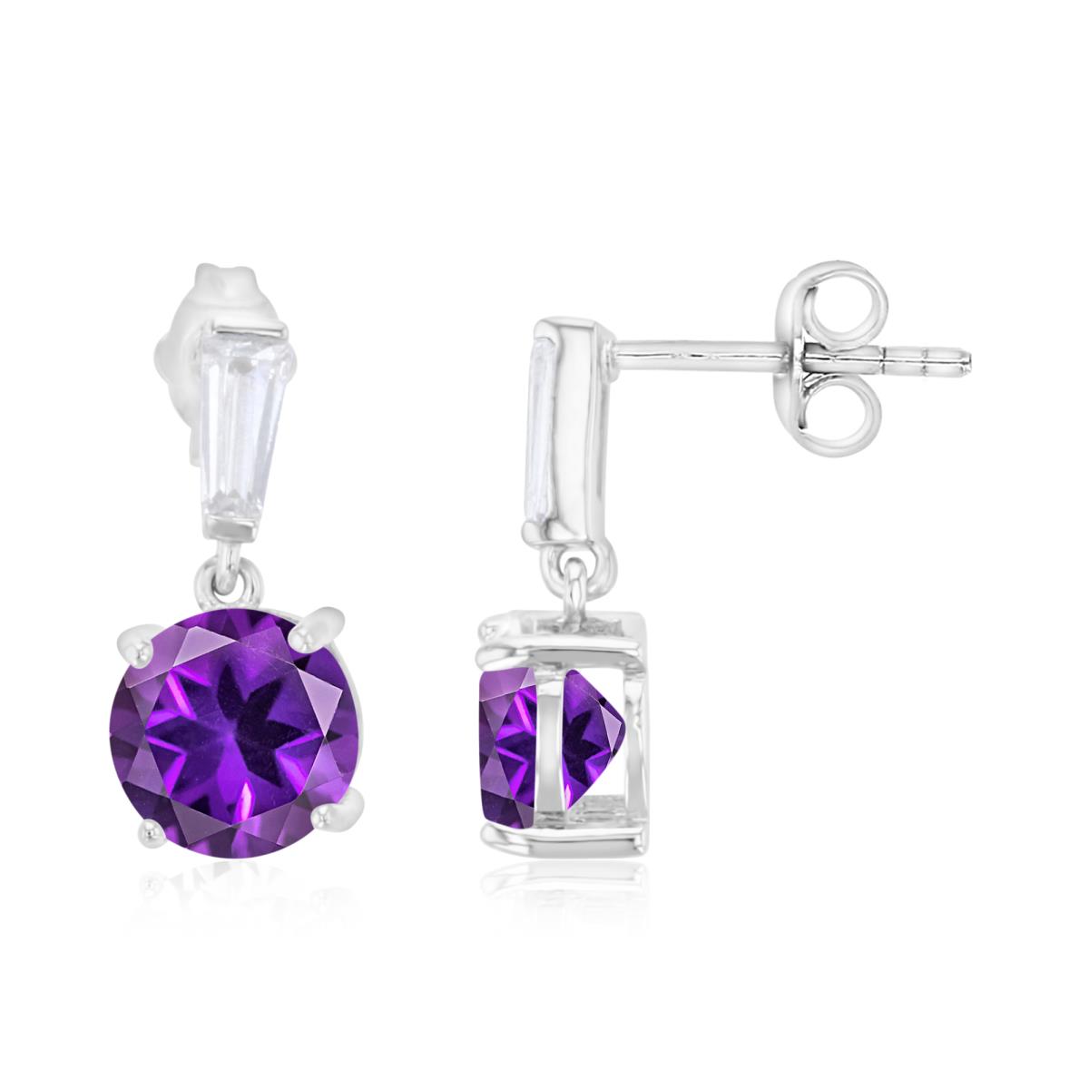 Sterling Silver Rhodium 8mm  Amethyst & Created White Sapphire Dangling Stud Earring