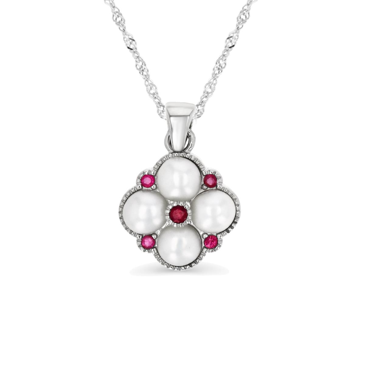 Sterling Silver Rhodium 4-5MM FWPearl & Pink Sapphire Flower Singapore 18+2 Necklace