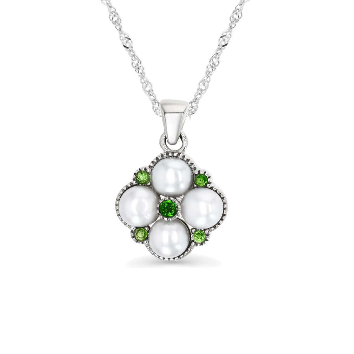 Sterling Silver Rhodium 4-5MM FWPearl & Chrome Diopside Flower Singapore  18+2  Necklace