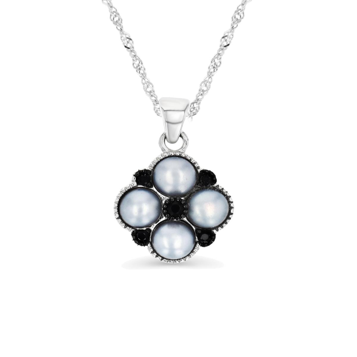 Sterling Silver Rhodium 4-5MM Grey FWPearl & Black Spinel Flower  Singapore 18+2 Necklace