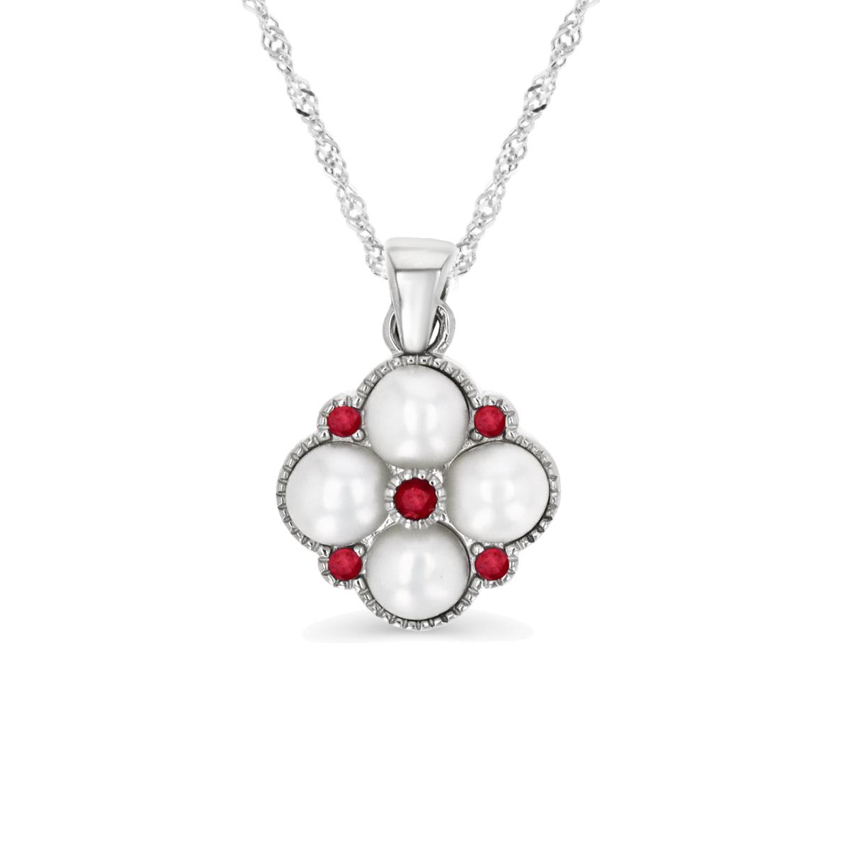 Sterling Silver Rhodium 4-5MM FWPearl & Ruby  Flower Singapore 18+2  Necklace