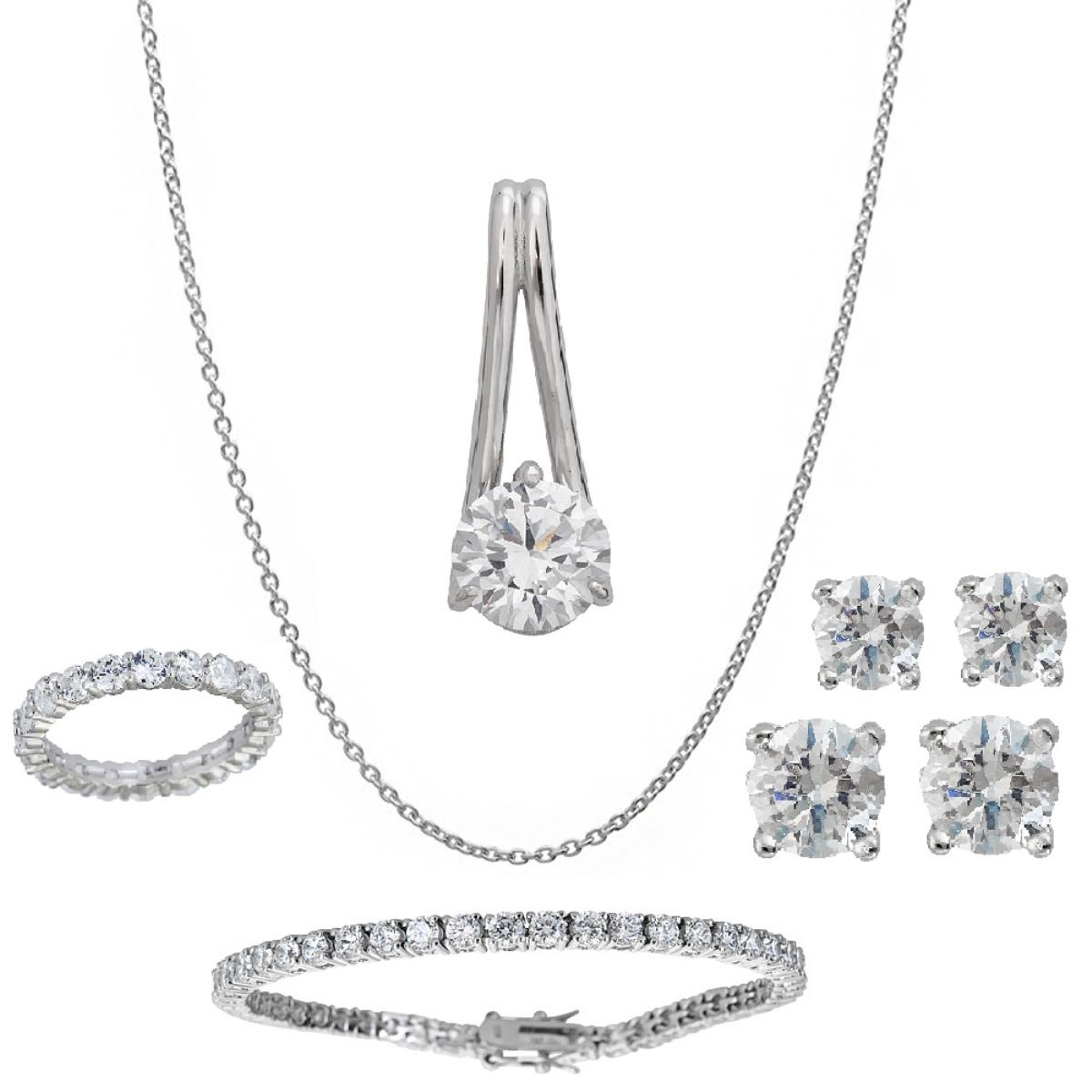 Sterling Silver Rhodium Ring, Bracelet, Necklace, 2 Stud Earring Set