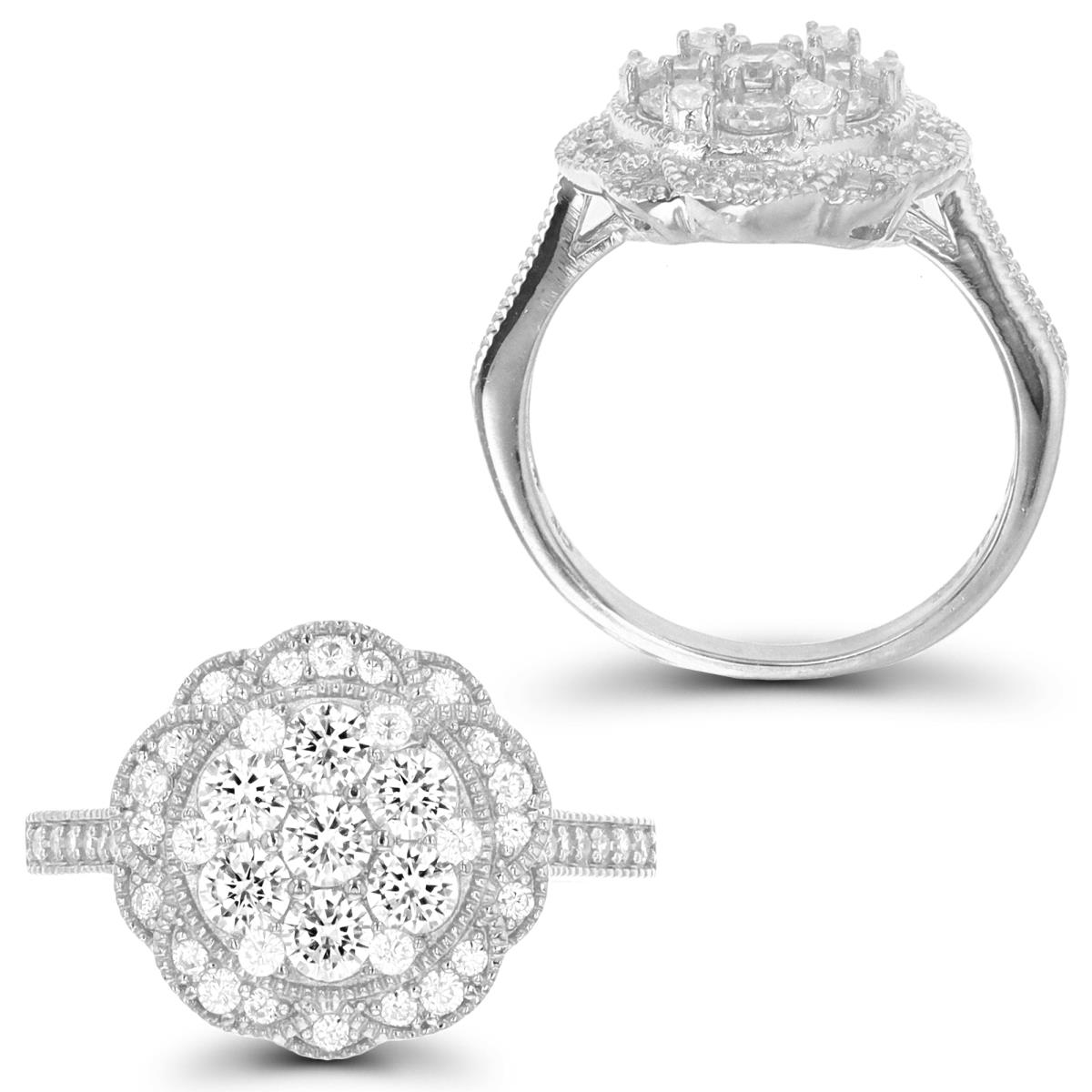 Sterling Silver Rhodium 14MM Polished Flower Pave White CZ Ring