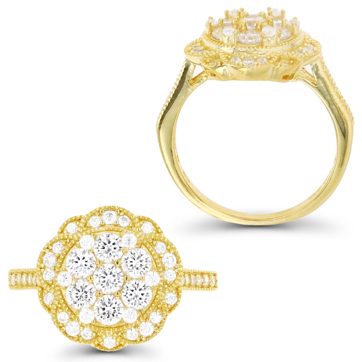 Sterling Silver Yellow 1M 14MM Polished Flower Pave White CZ Ring