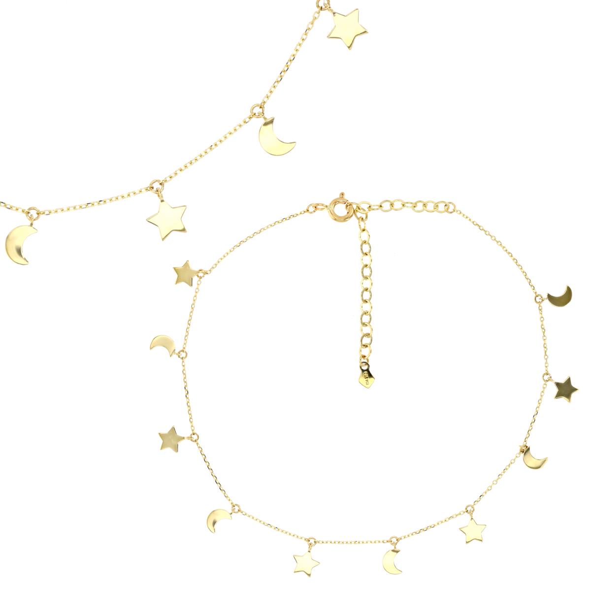 14K Yellow   Gold  7MM Dangling Star & Moon 8+2" Bracelet