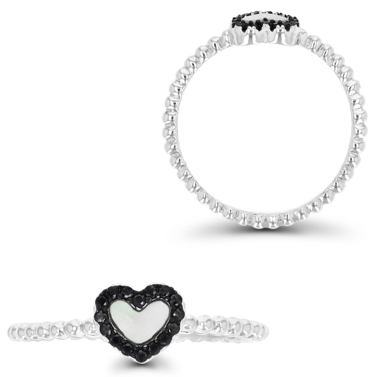 Sterling Silver Rhodium & Black 6MM Polished Black Spinel & Mother of Pearls Heart Ring