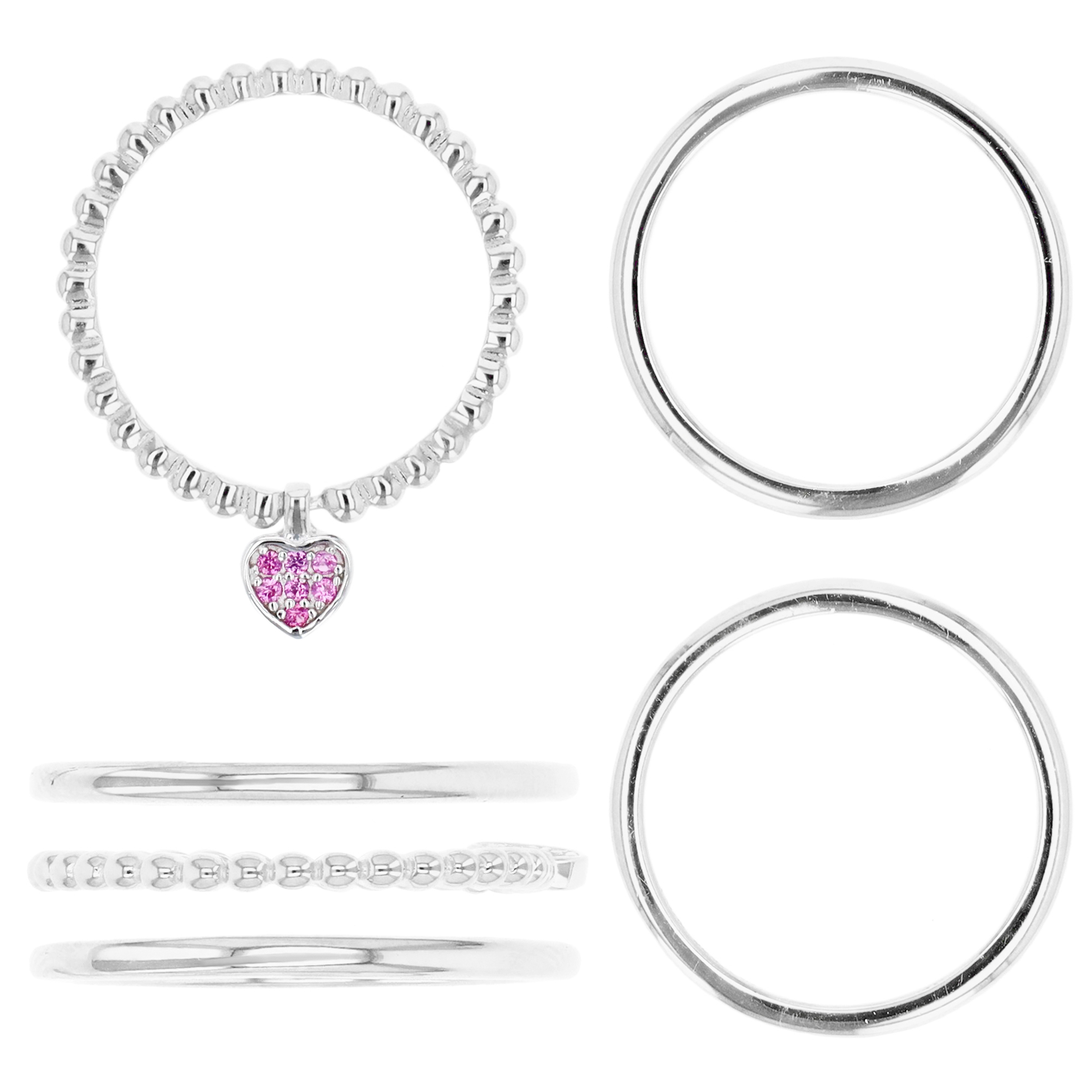 Sterling Silver Rhodium 1.5MM Polished Pink Sapphire Dangling Heart Trio Ring
