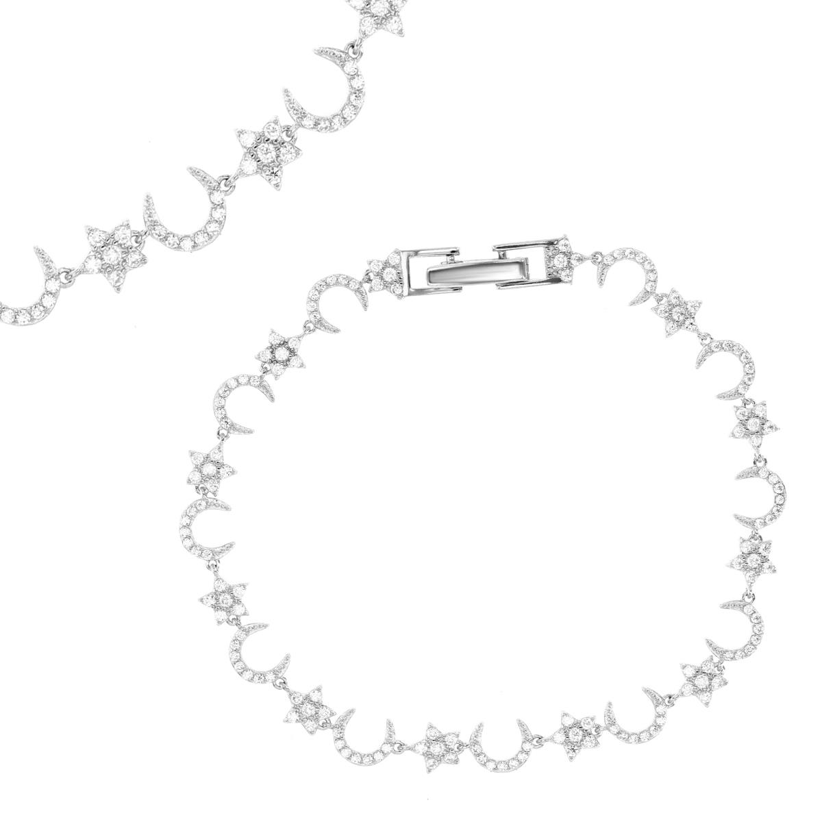 Brass Rhodium 6MM Polished White CZ Moon & Star Bracelet