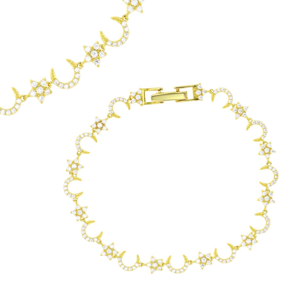 Sterling Silver Yellow 6MM Polished White CZ Moon & Star Bracelet