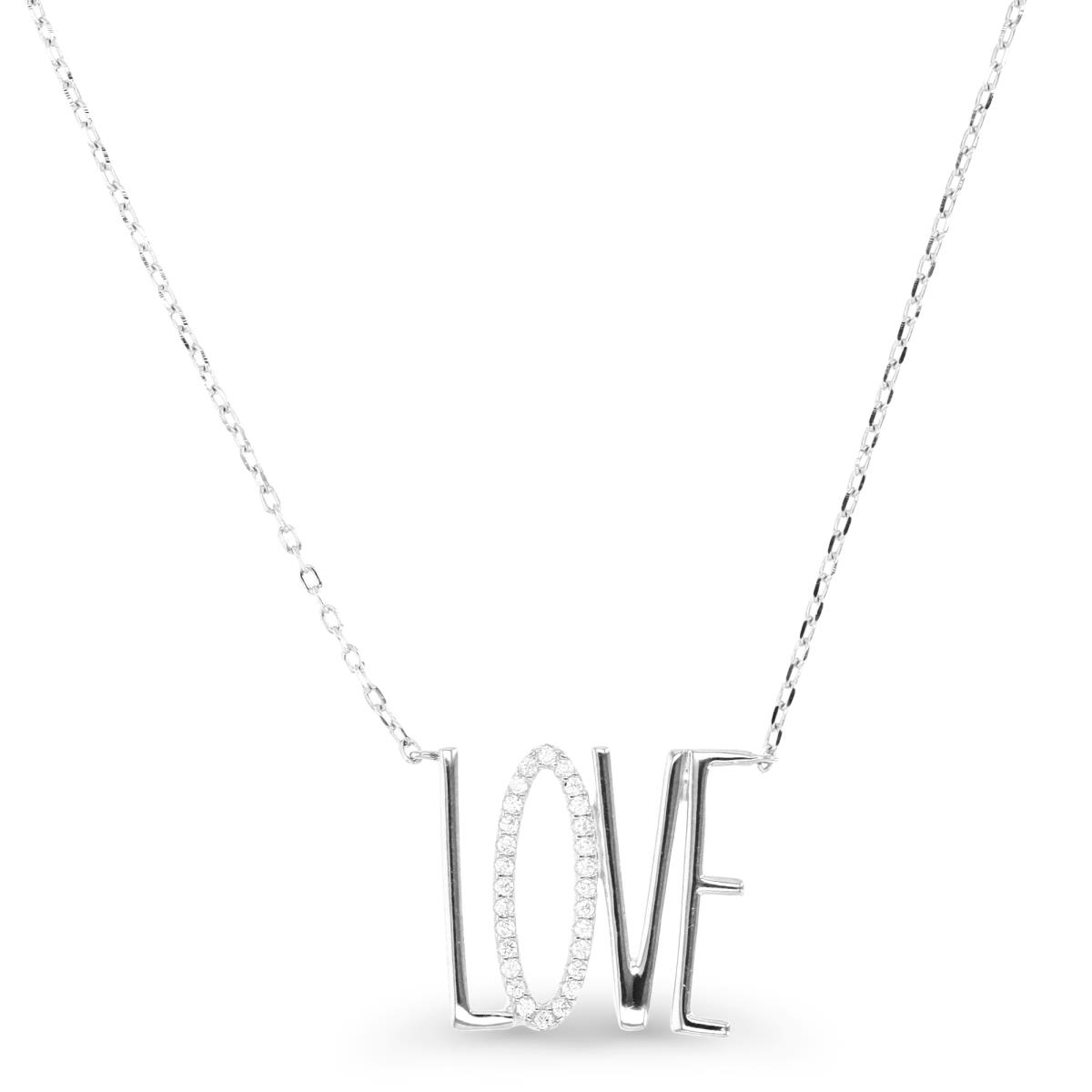 Sterling Silver Rhodium 16MM 16+2 Polished White CZ 'Love' Necklace