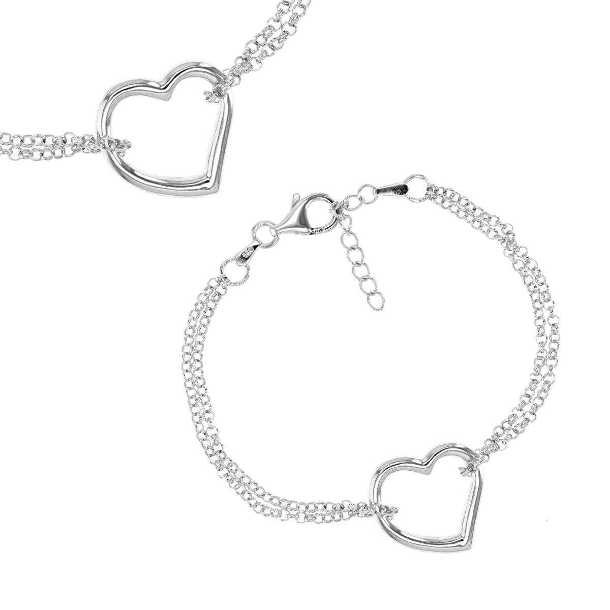 Sterling Silver Rhodium 7+1 Polished Adjustable 20MM Heart Bracelet