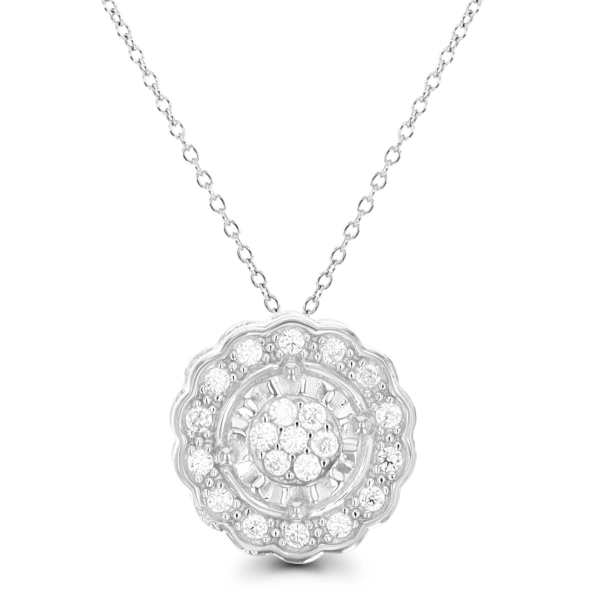 Sterling Silver Rhodium 11.5MM Polished & Texture White CZ Cluster Pave 18" Necklace
