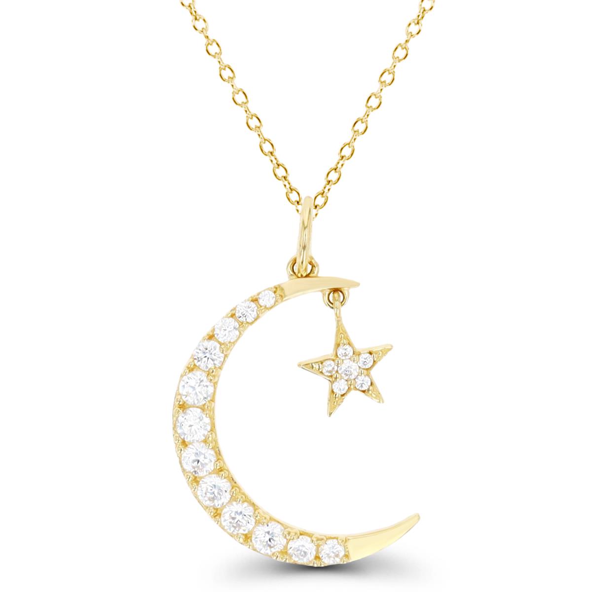 14K Gold Yellow & White CZ 18X12.7MM Moon & Star 18" Necklace