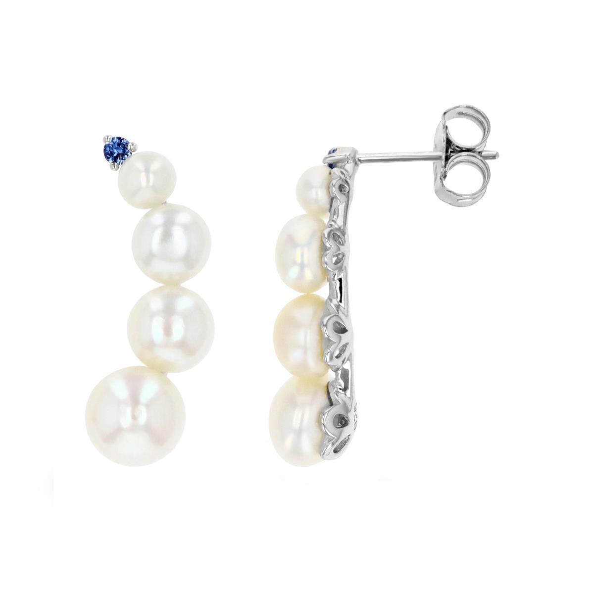 Sterling Silver Rhodium Graduated FW Pearls & Blue Topaz Dangling Earring